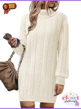 Womens Turtleneck Cable Knit Sweater Dress Long Sleeve Pullover